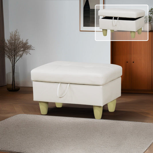Cream faux leather storage ottoman with tufted top and light green legs
