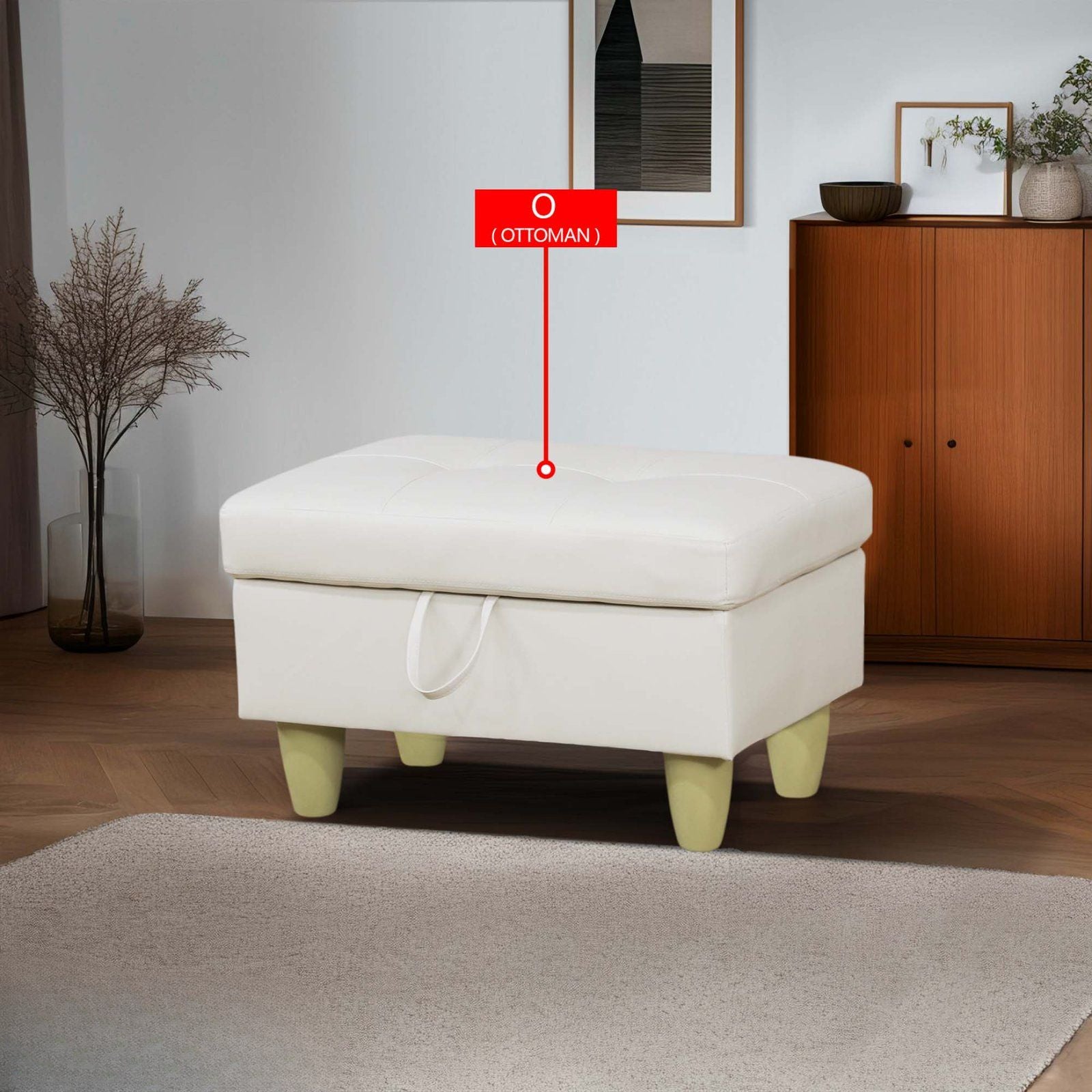 Cream tufted ottoman with storage and light green tapered legs