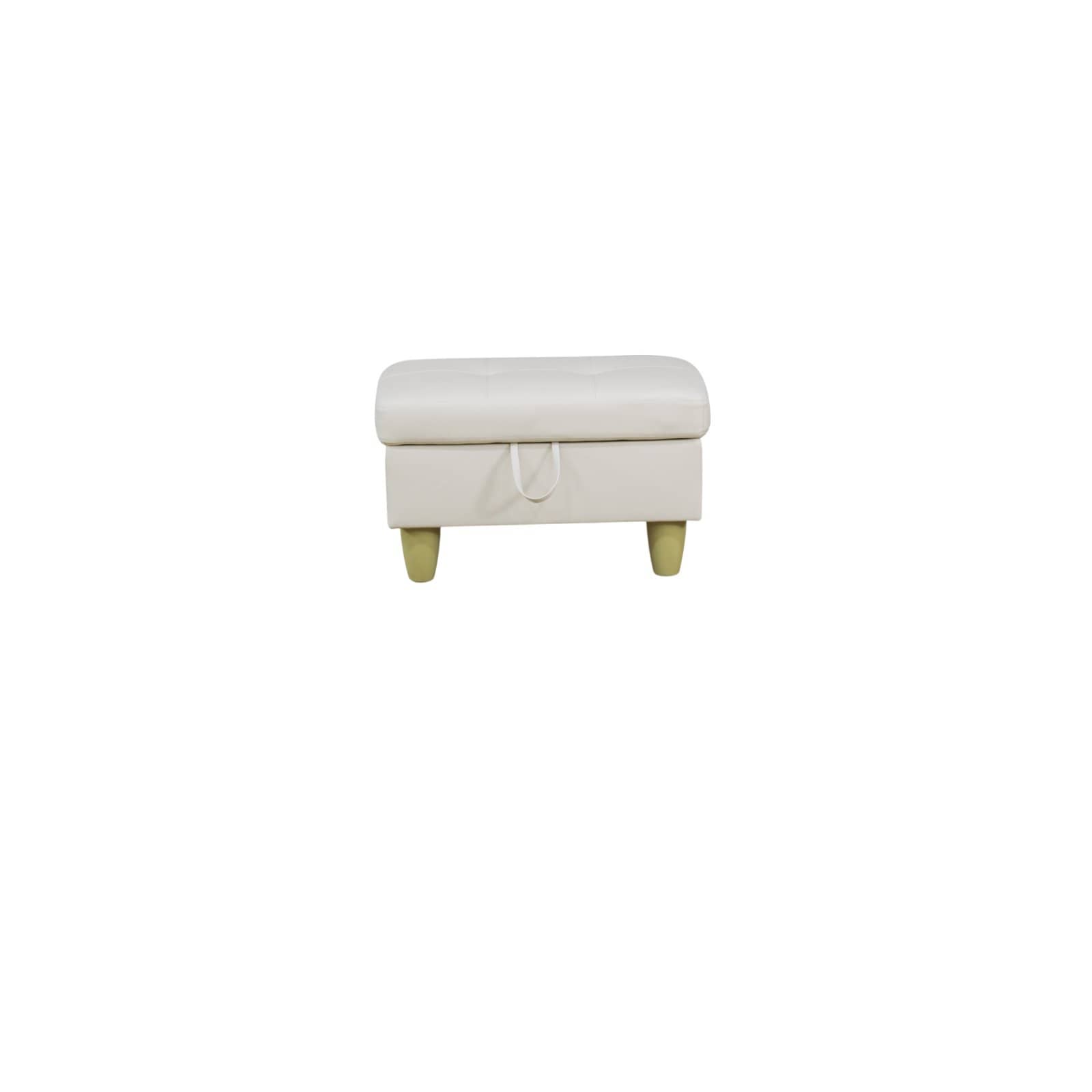 Cream leather storage ottoman with tufted top and pull tab