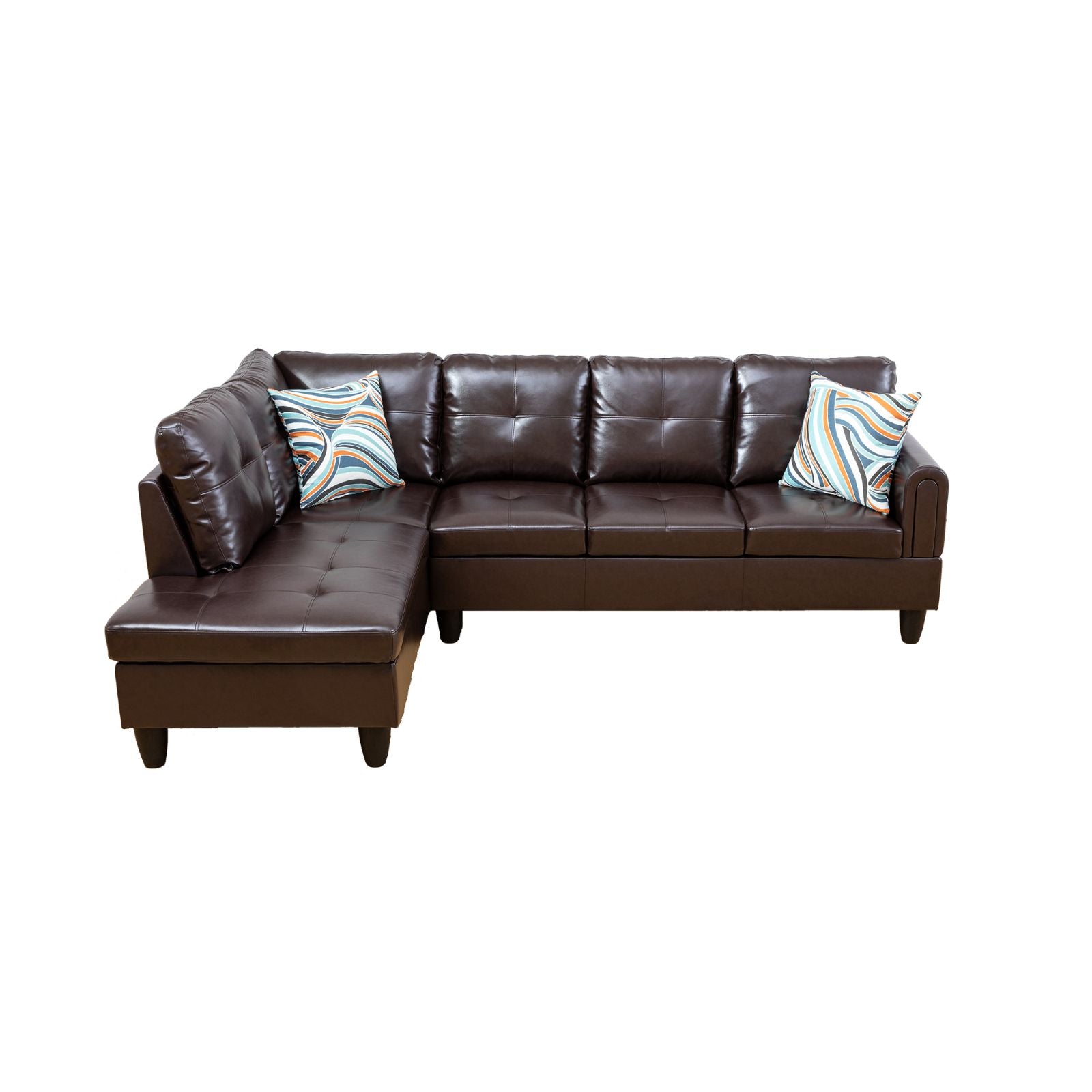Tufted brown faux leather sectional sofa with decorative pillows