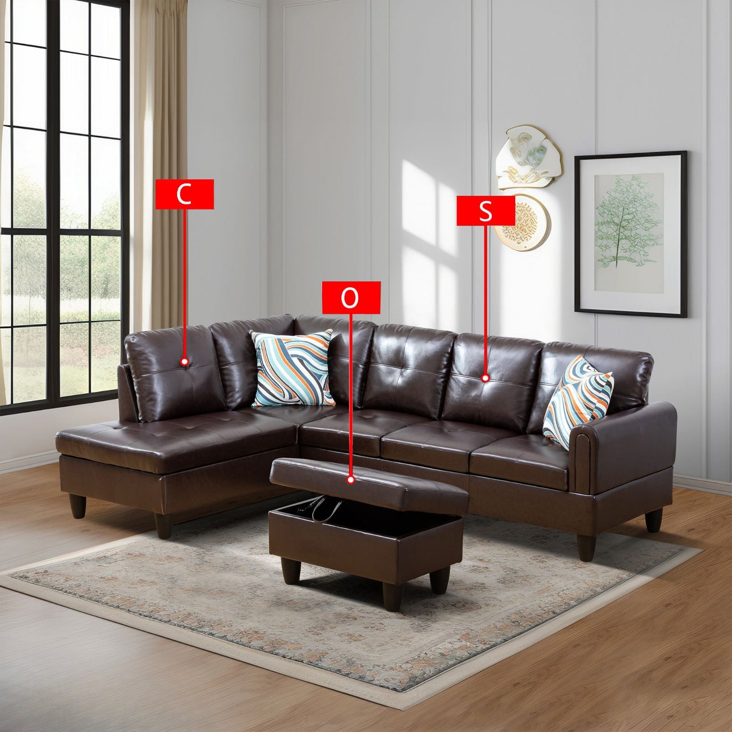 Brown faux leather sectional sofa with chaise and storage ottoman