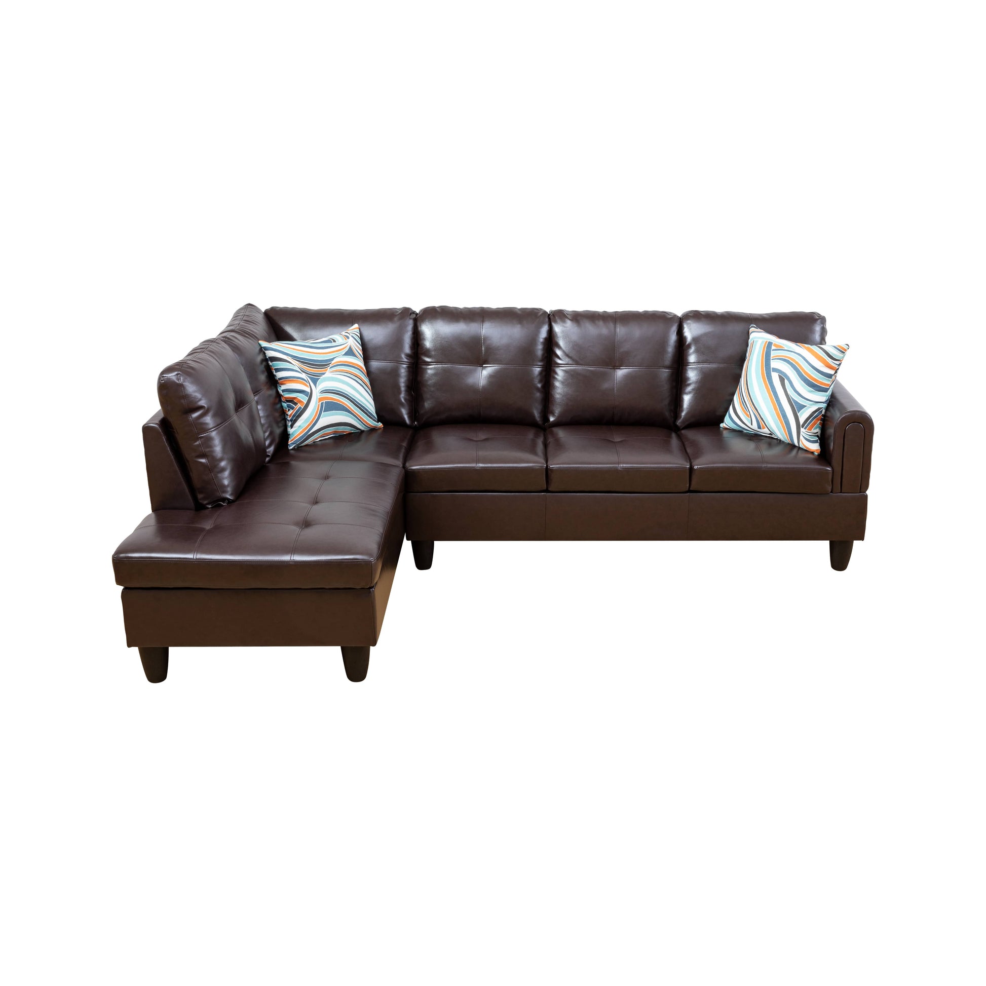 Dark brown faux leather sectional sofa with tufted cushions and decorative pillows