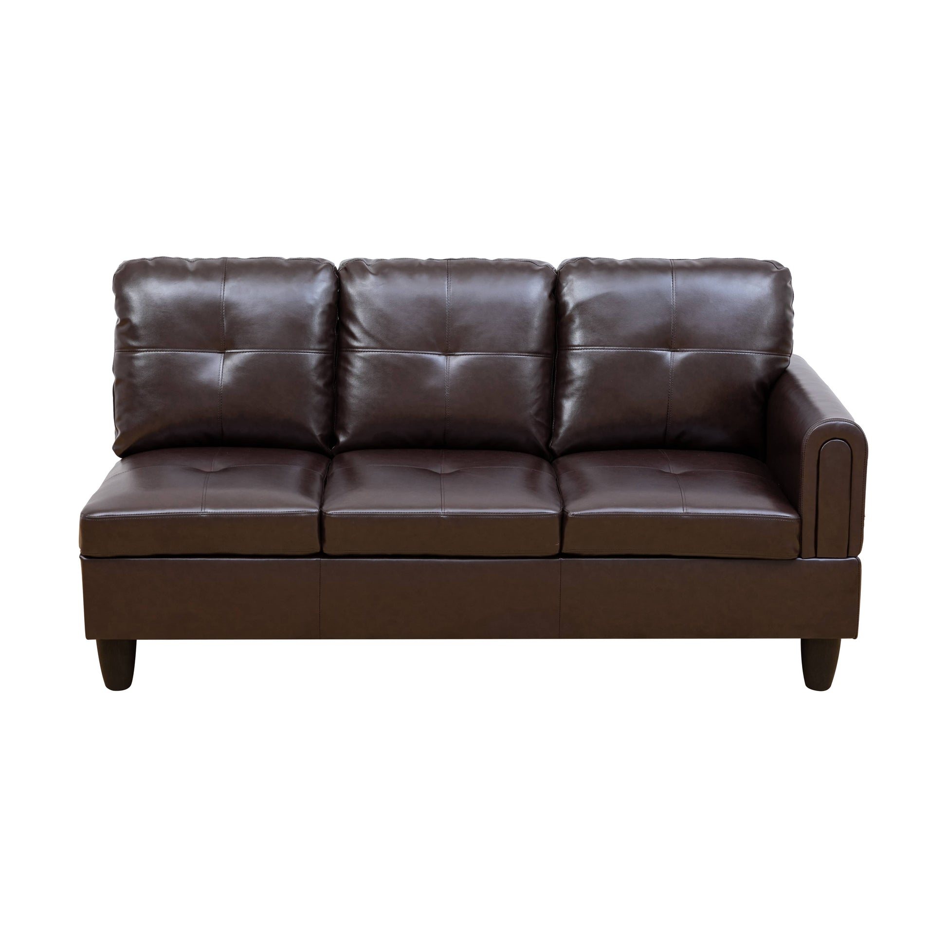 Dark brown faux leather sofa with tufted cushions and a reversible chaise