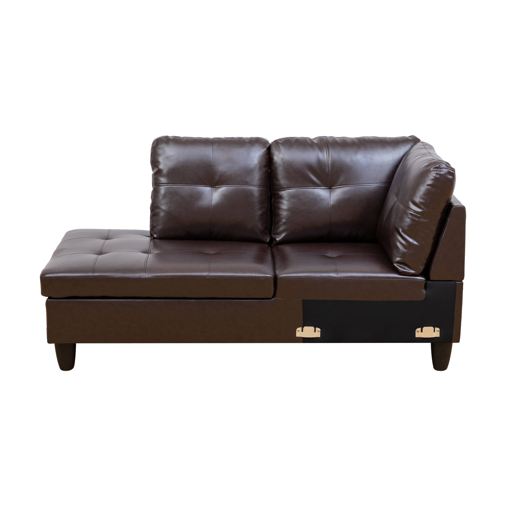 Dark brown faux leather sectional couch with tufted seat cushions