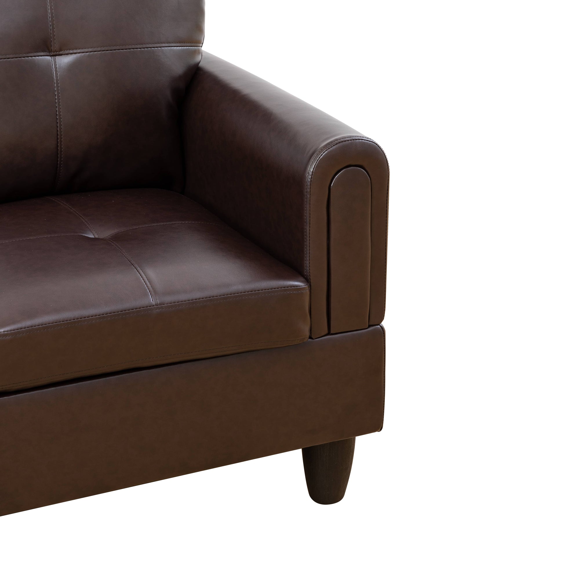 Tufted brown faux leather sofa armrest with dark wooden legs