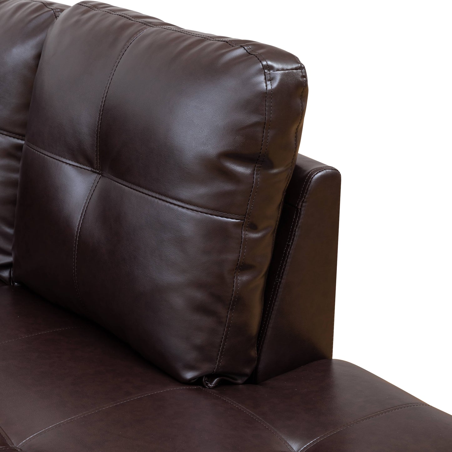 Deep brown faux leather sectional sofa armrest with stitched detailing