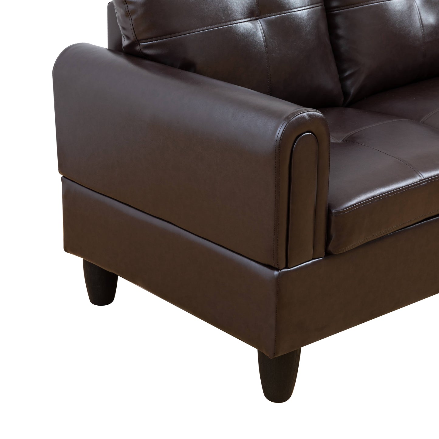Dark brown faux leather sofa armrest with stitched detailing and tapered legs