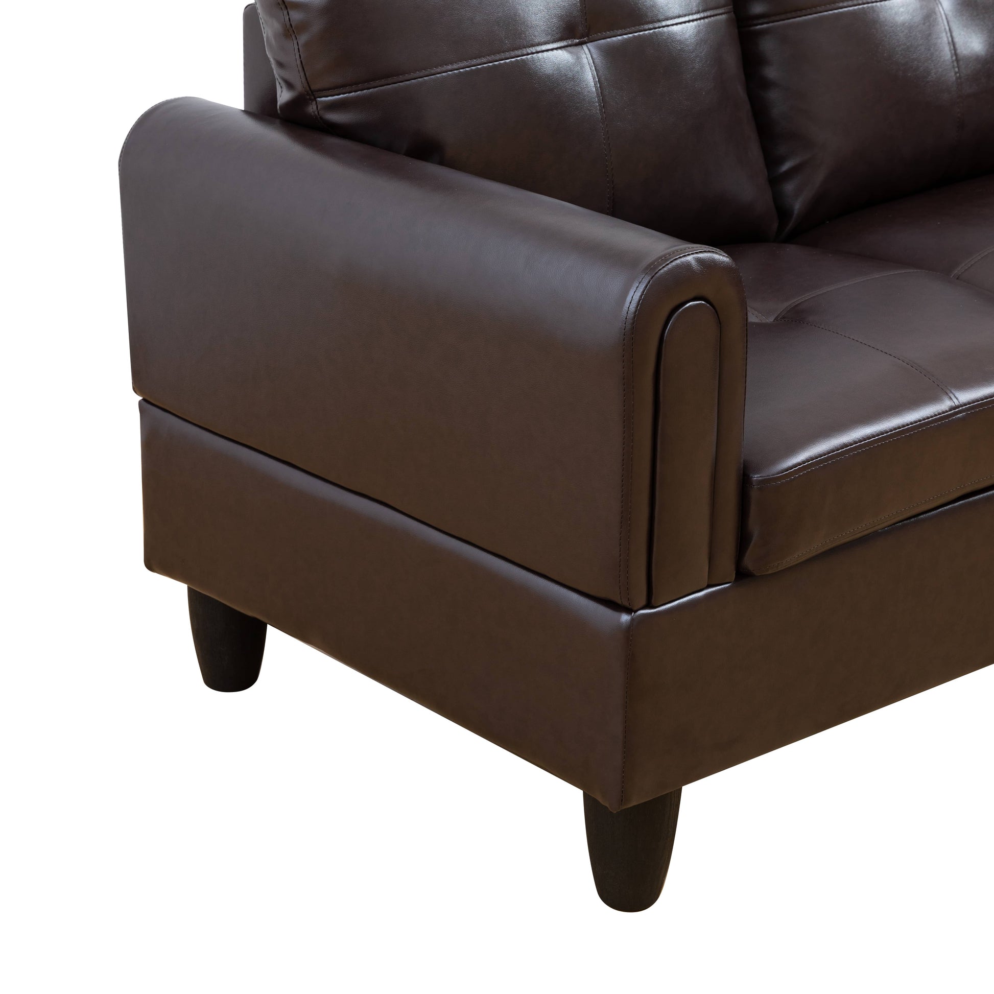 Dark brown faux leather sofa armrest with stitched detailing and tapered legs