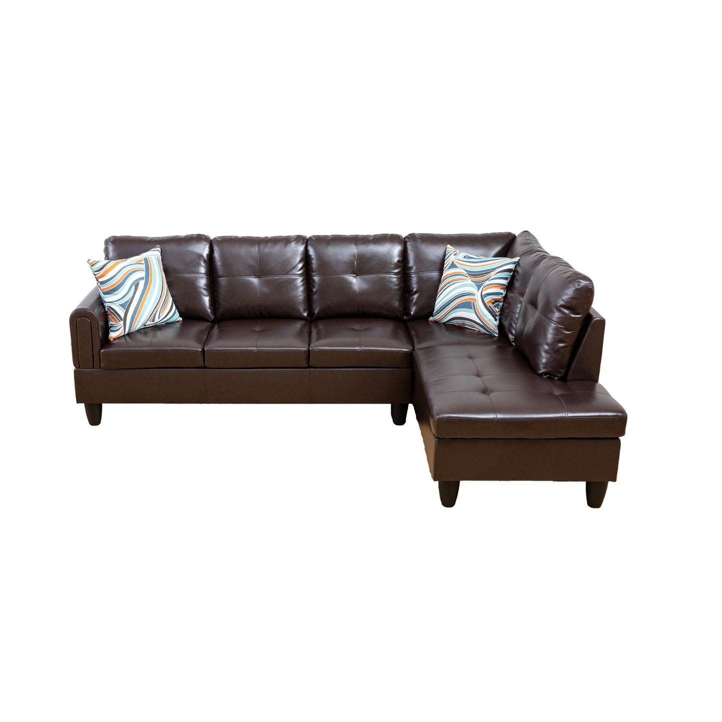 Dark brown faux leather sectional sofa with tufted cushions and abstract patterned pillows