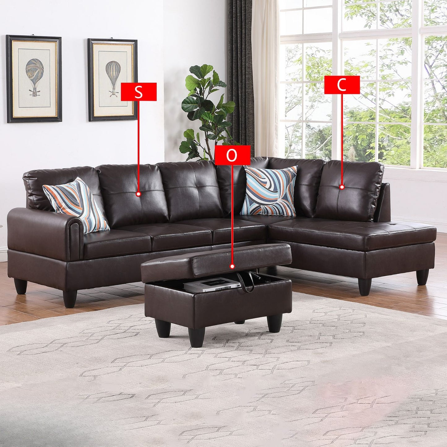 Dark brown faux leather sectional sofa with tufted cushions and ottoman