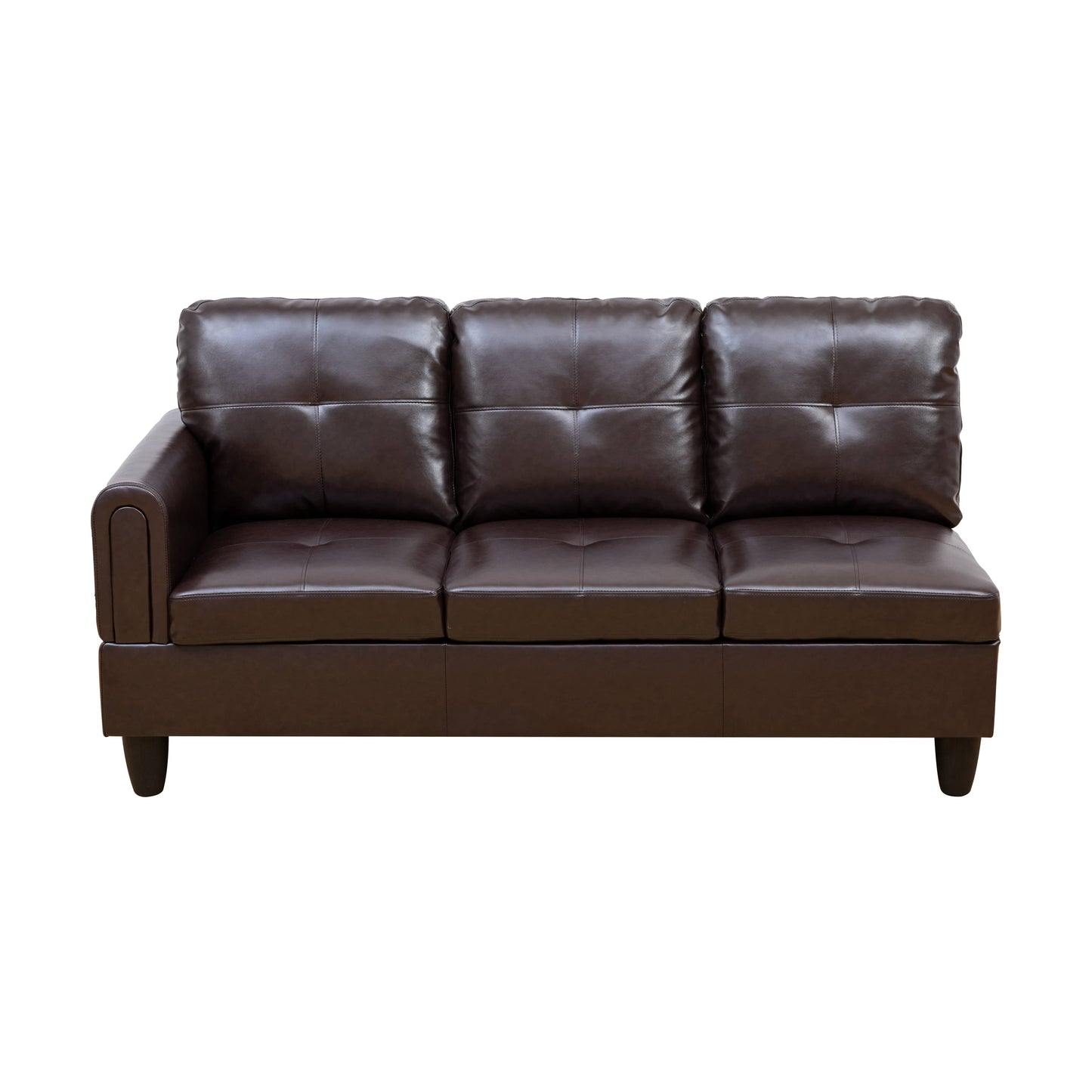Dark brown faux leather sectional sofa with tufted seat cushions and squared armrest