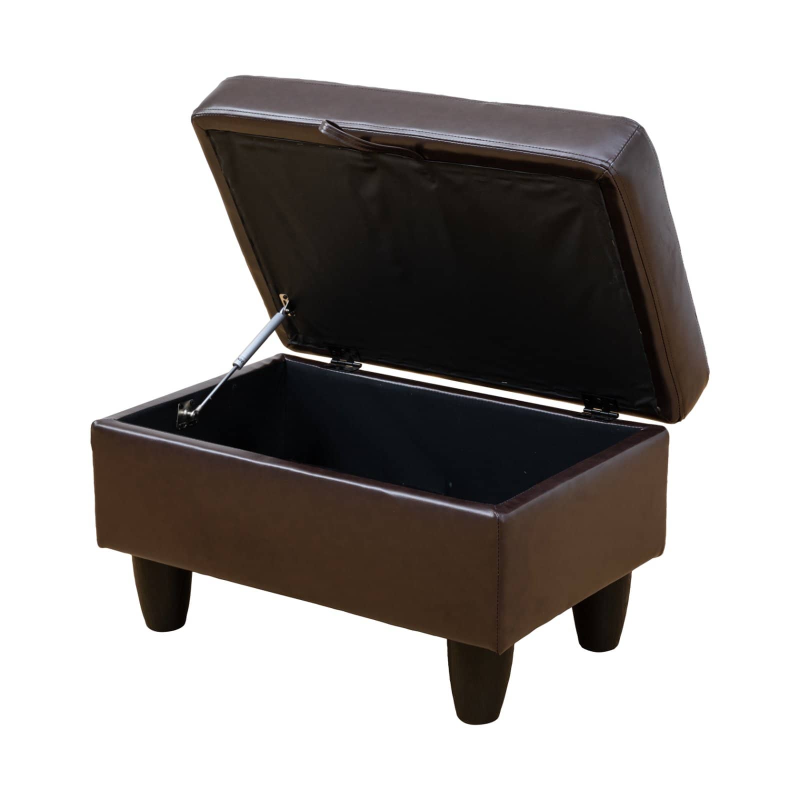 Brown faux leather storage ottoman with lifttop lid and dark wooden legs
