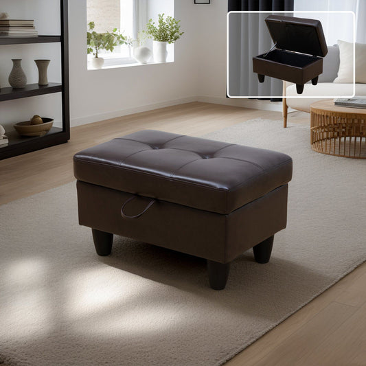 Tufted dark brown faux leather storage ottoman with carved wooden legs