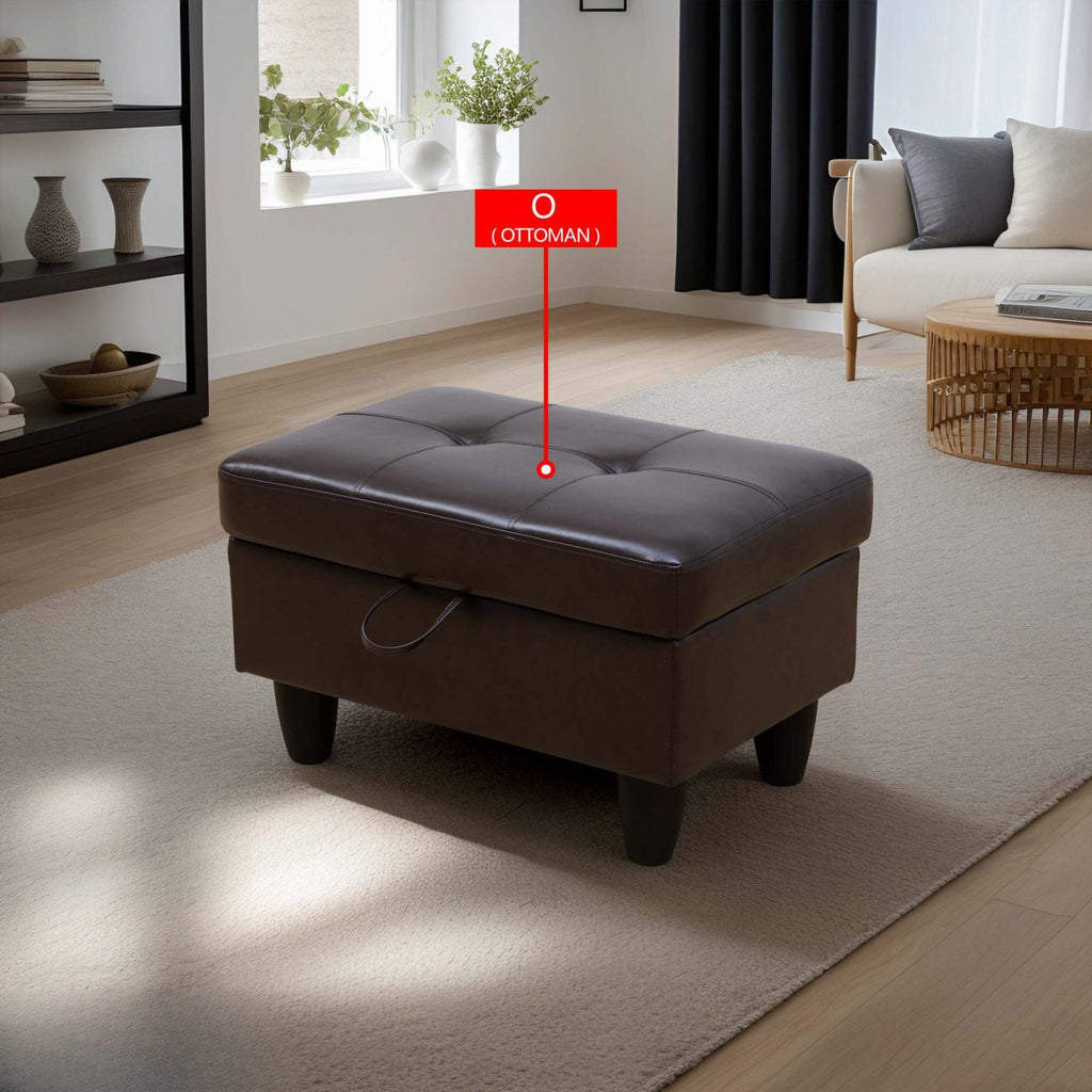 Dark brown tufted storage ottoman with pull handle and dark wood legs