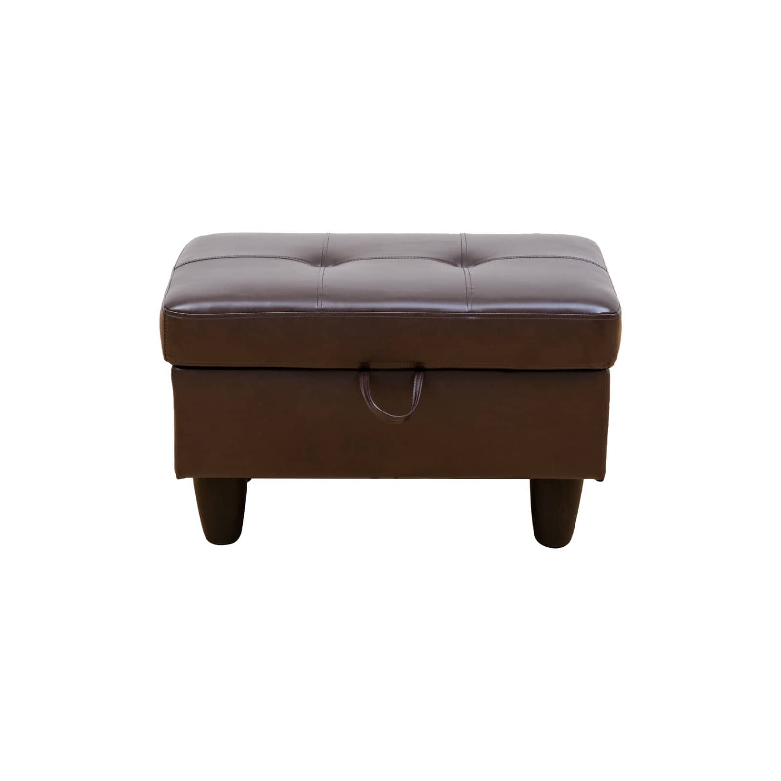Brown tufted storage ottoman with a Ushaped handle and four tapered legs