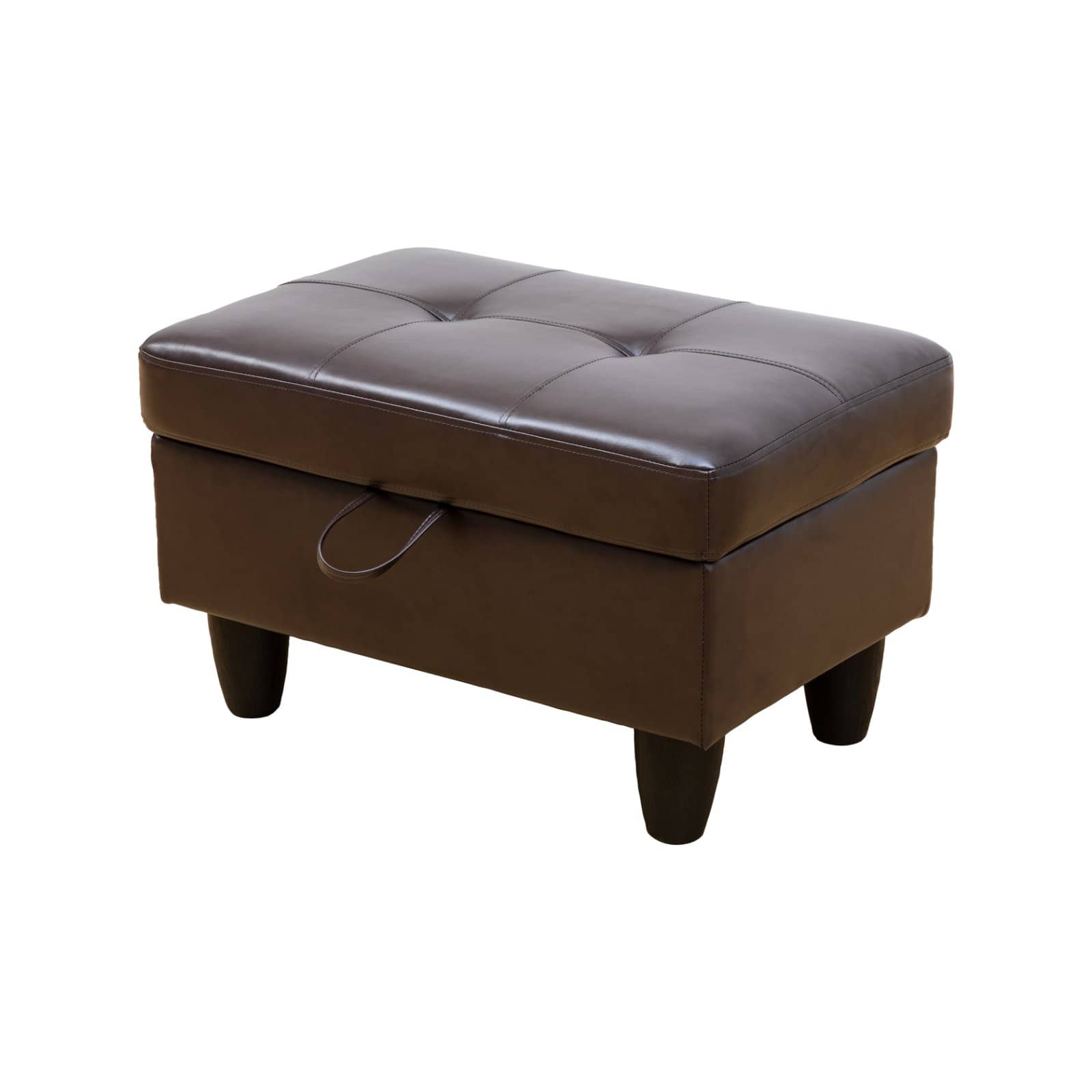 Tufted brown faux leather storage ottoman with sturdy legs