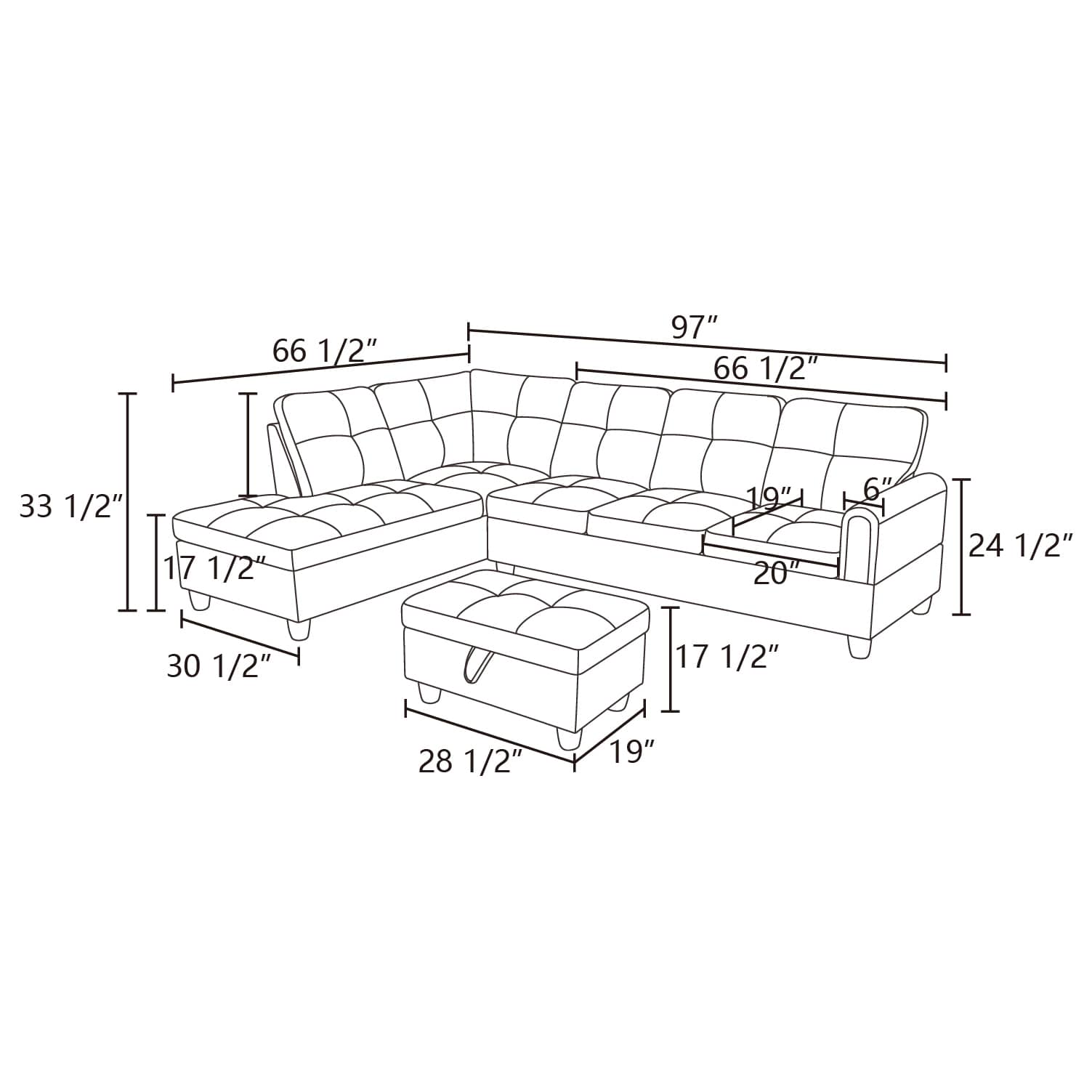 Diagram of a tufted sectional sofa with ottoman and dimensions