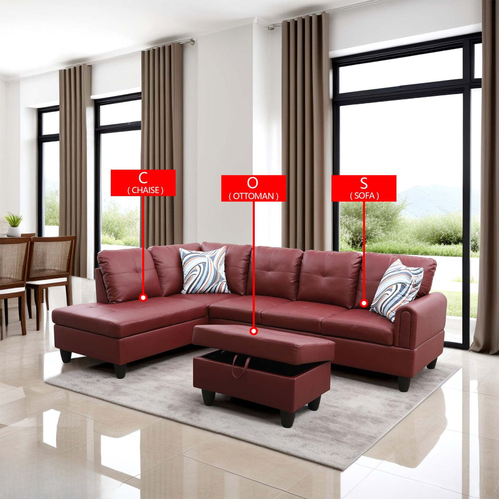 Red leather sectional sofa with chaise