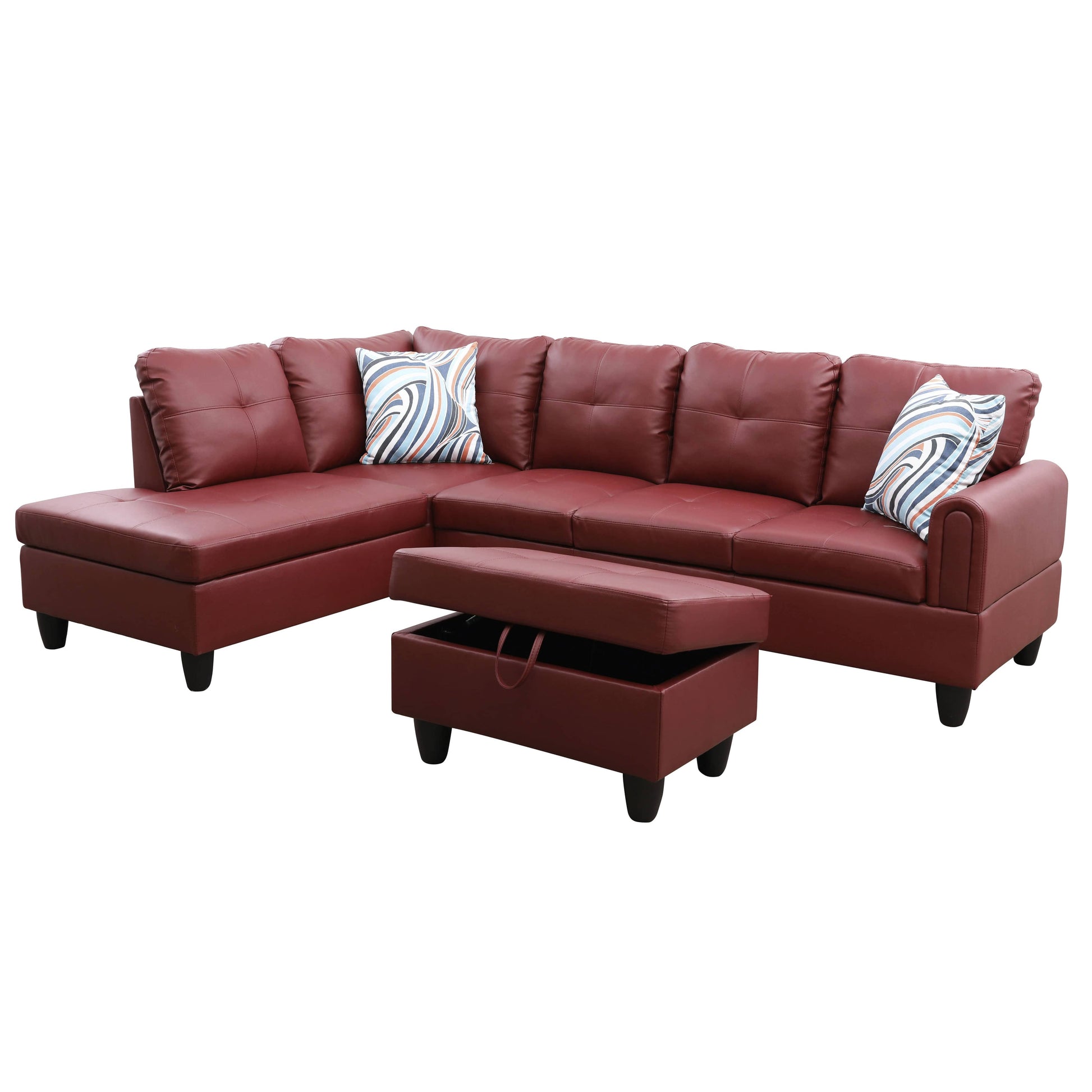 Red faux leather sectional sofa with tufted cushions and matching storage ottoman