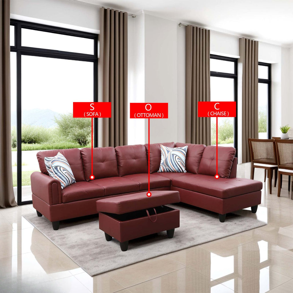 Red leather sectional sofa with storage ottoman and decorative pillows