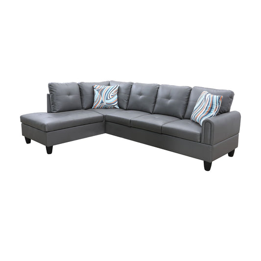 Gray leather sectional sofa with chaise and decorative pillows