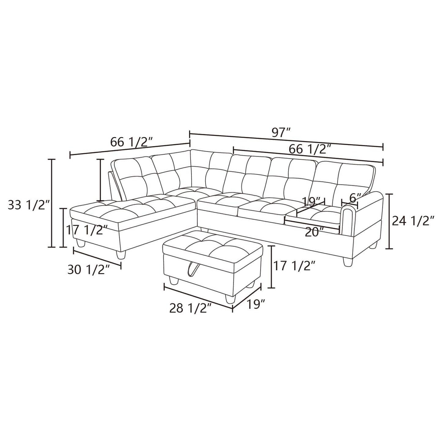 Diagram of tufted sectional sofa with ottoman and dimensions