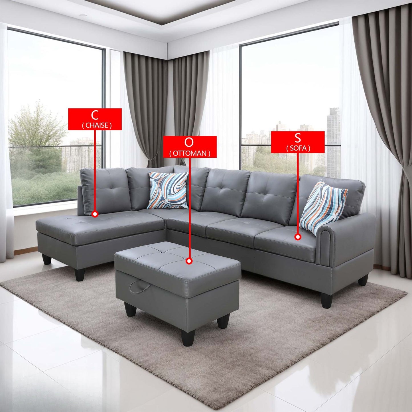Gray faux leather sectional sofa with matching ottoman for living room comfort