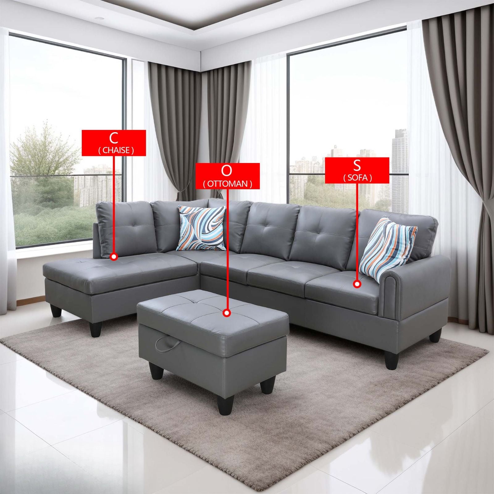 Gray faux leather sectional sofa with matching ottoman for living room comfort