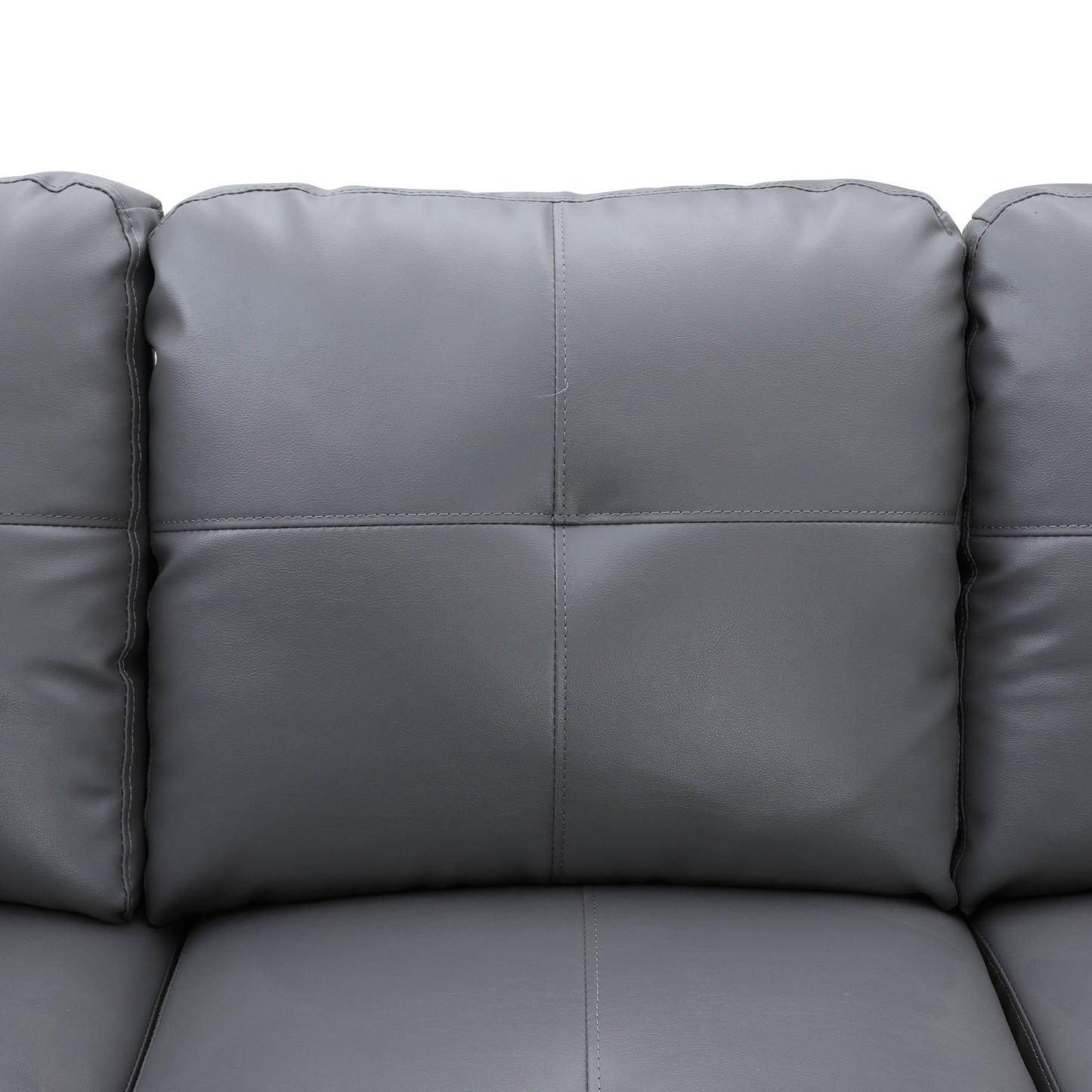 Gray faux leather sofa cushions with stitched panel design