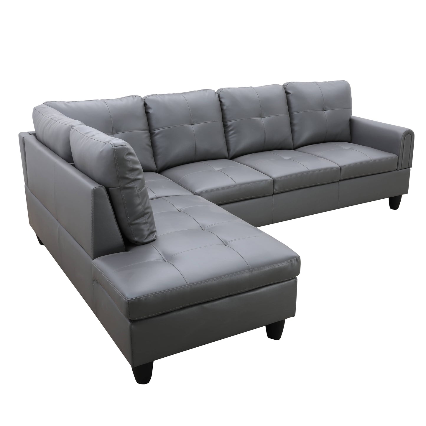 Gray leather sectional sofa with tufted cushions