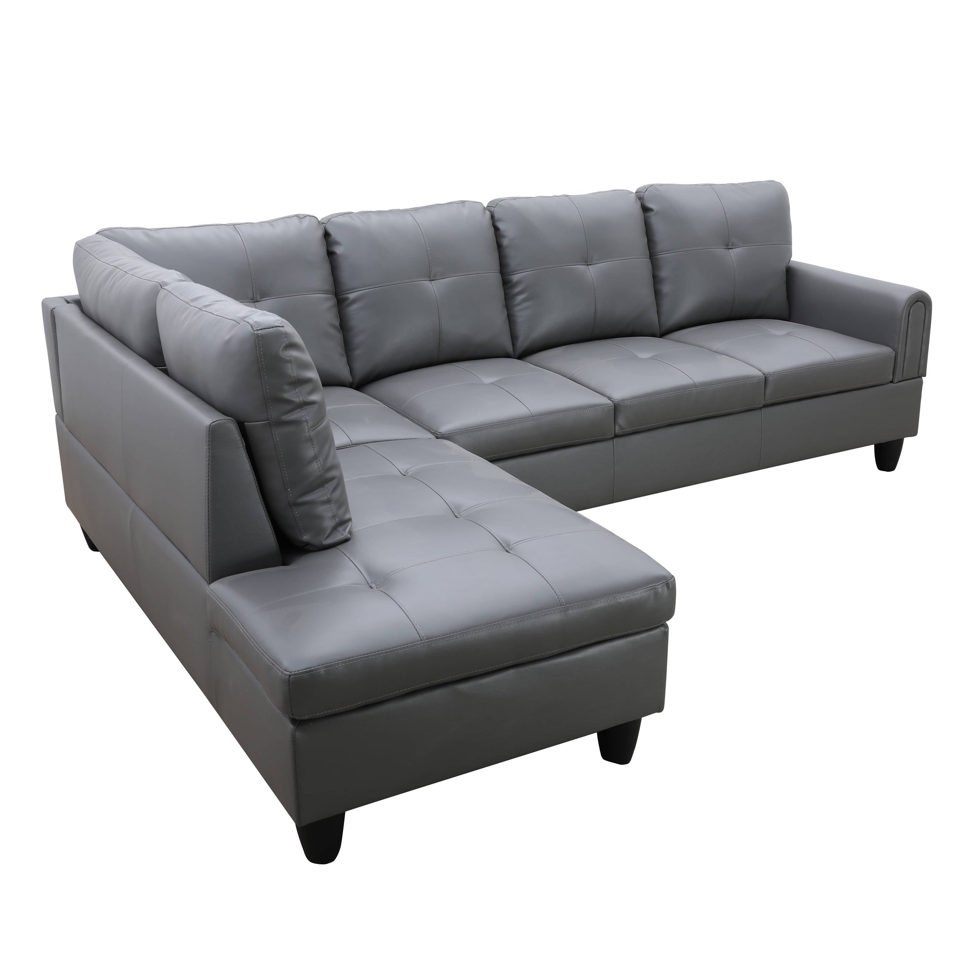 Gray leather sectional sofa with tufted cushions