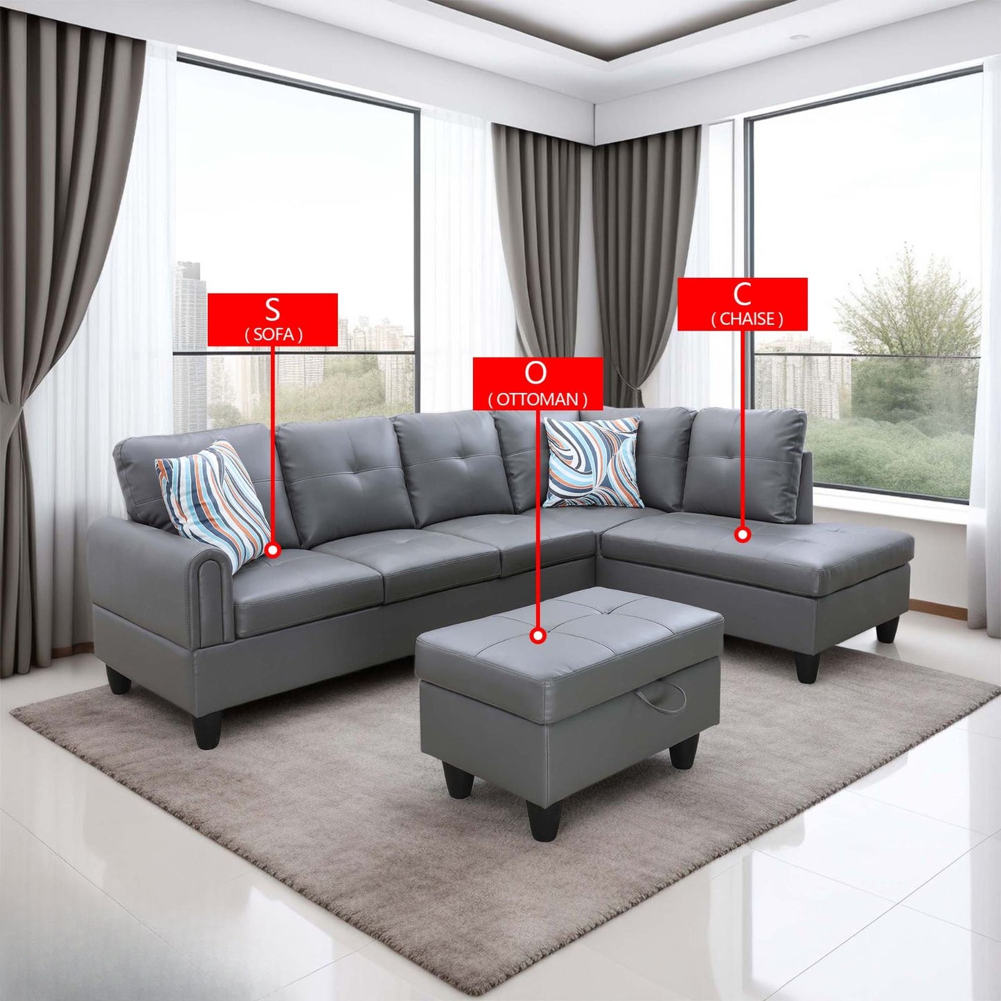 Gray faux leather sectional sofa with tufted cushions and matching ottoman