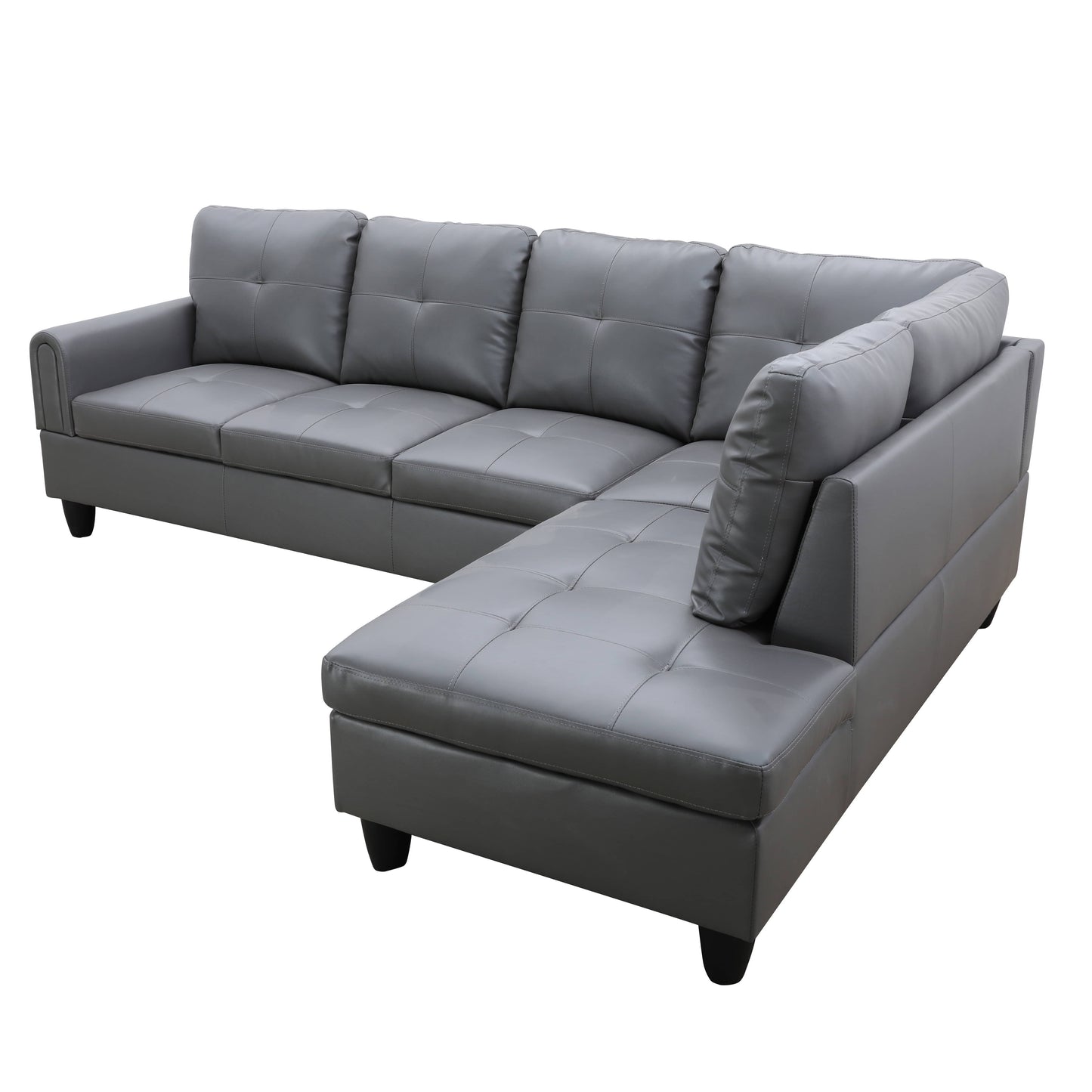 Gray faux leather sectional sofa with tufted cushions