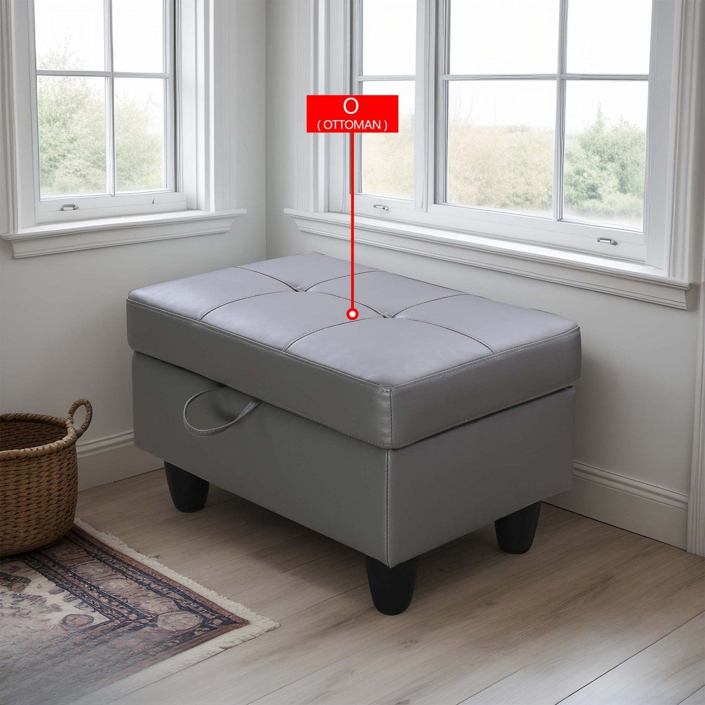 Gray faux leather storage ottoman with tufted top and side pull tab