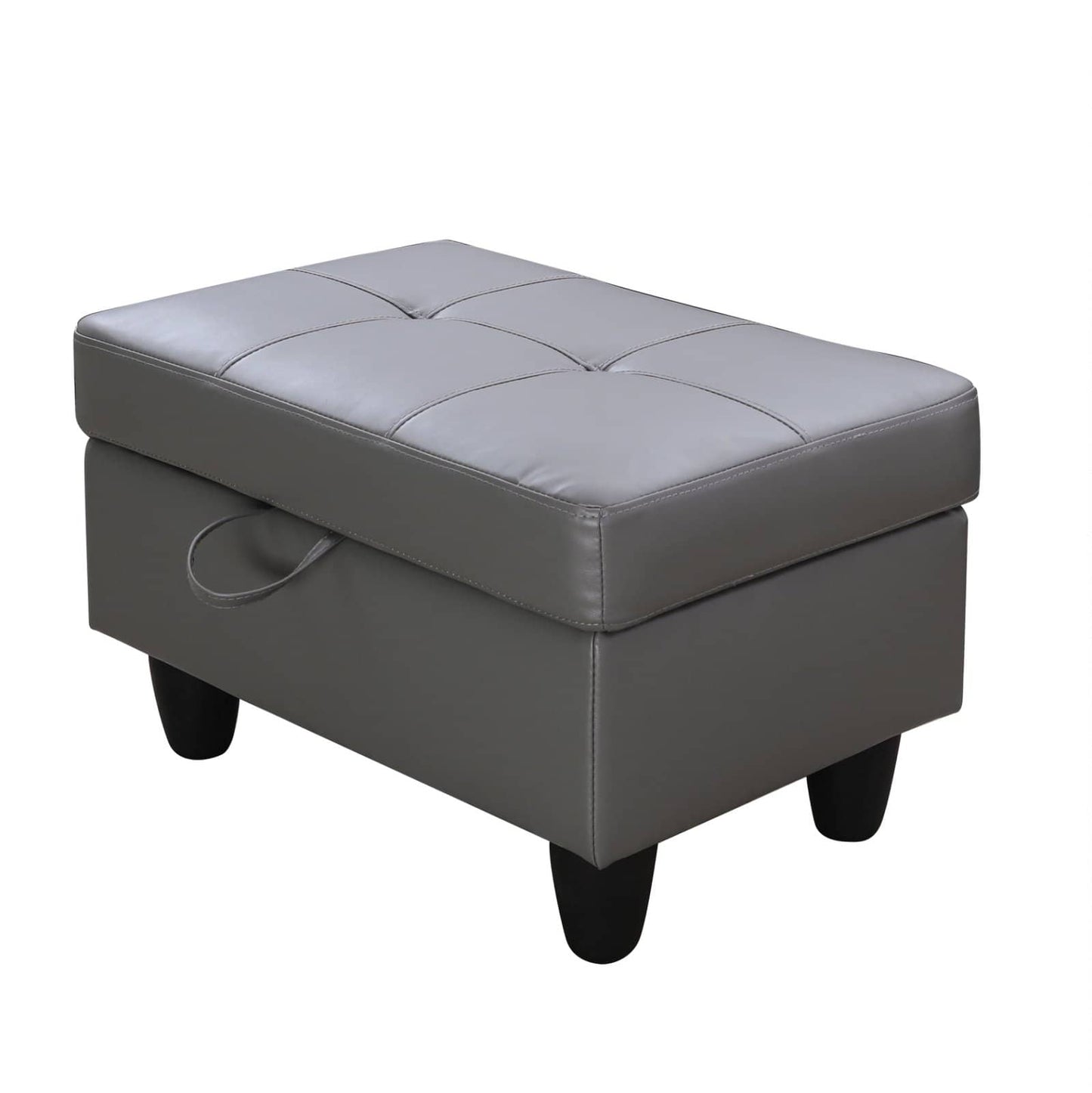 Gray faux leather storage ottoman with tufted lid
