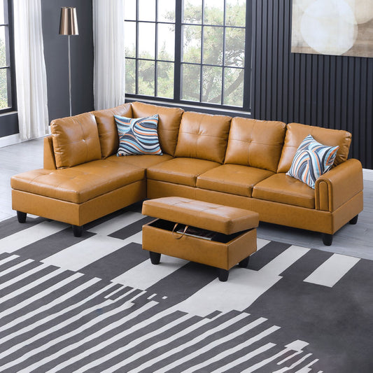 Tan faux leather sectional sofa with storage ottoman and decorative pillows