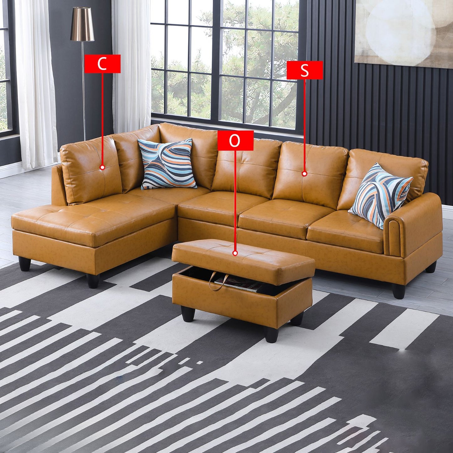 Tan faux leather Lshaped sectional sofa with storage ottoman and decorative pillows