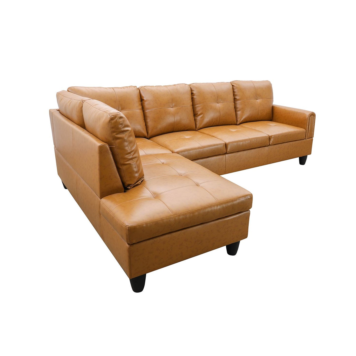 Tan leather sectional sofa with tufted cushions and silver legs