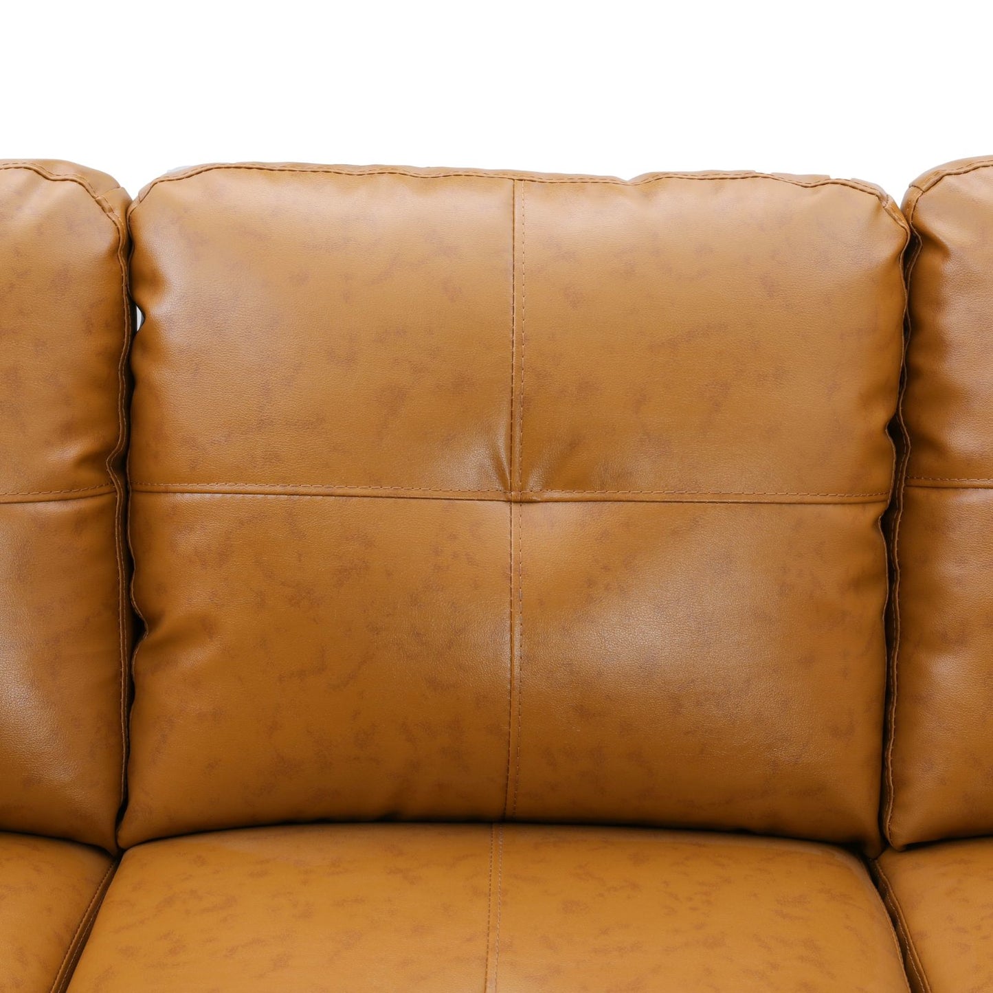Brown faux leather sofa with tufted cushions