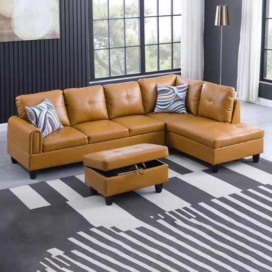 Tan faux leather sectional sofa with storage ottoman and patterned pillows