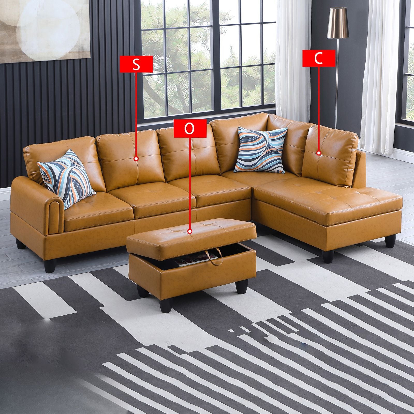 Tan leather sectional sofa with storage ottoman