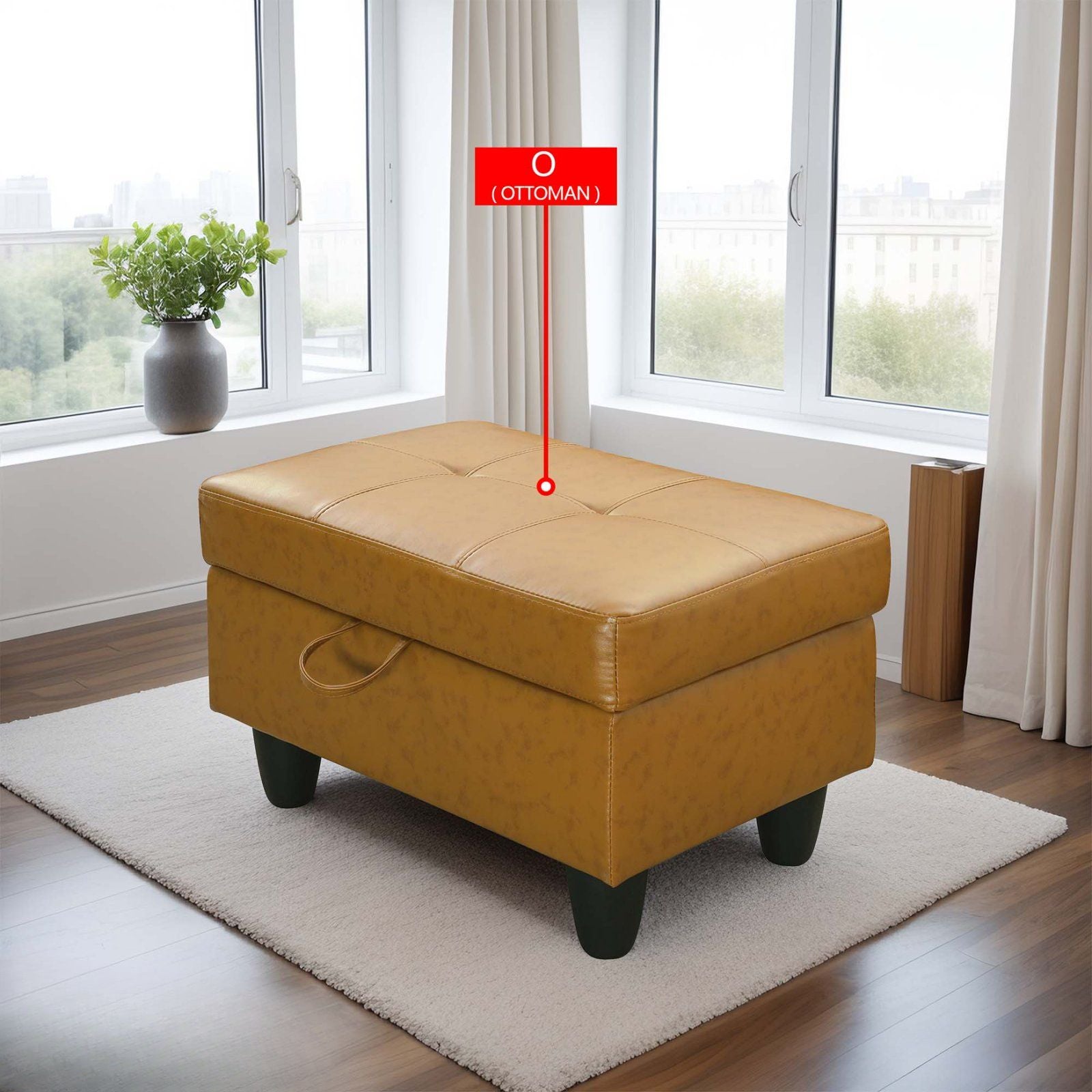 Tan faux leather storage ottoman with tufted top and black legs