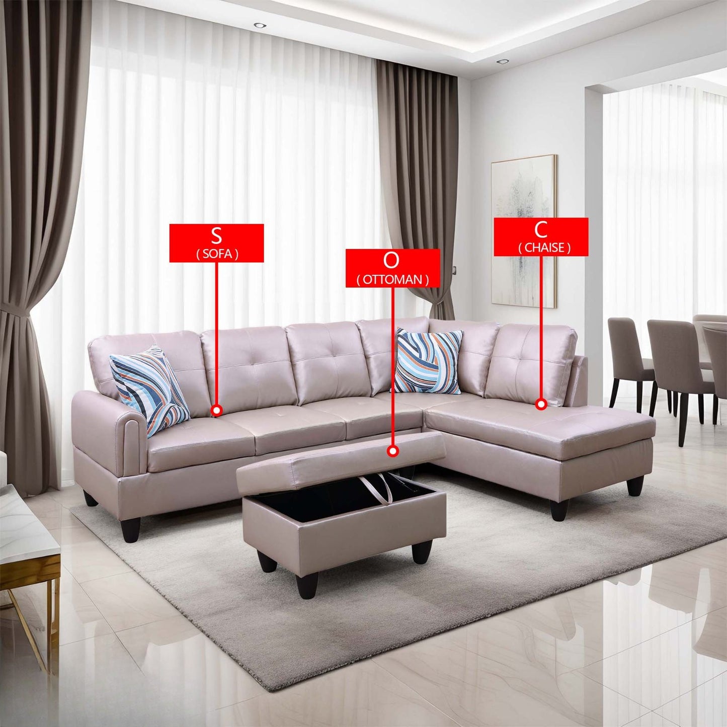 Light taupe sectional sofa with tufted cushions and storage ottoman
