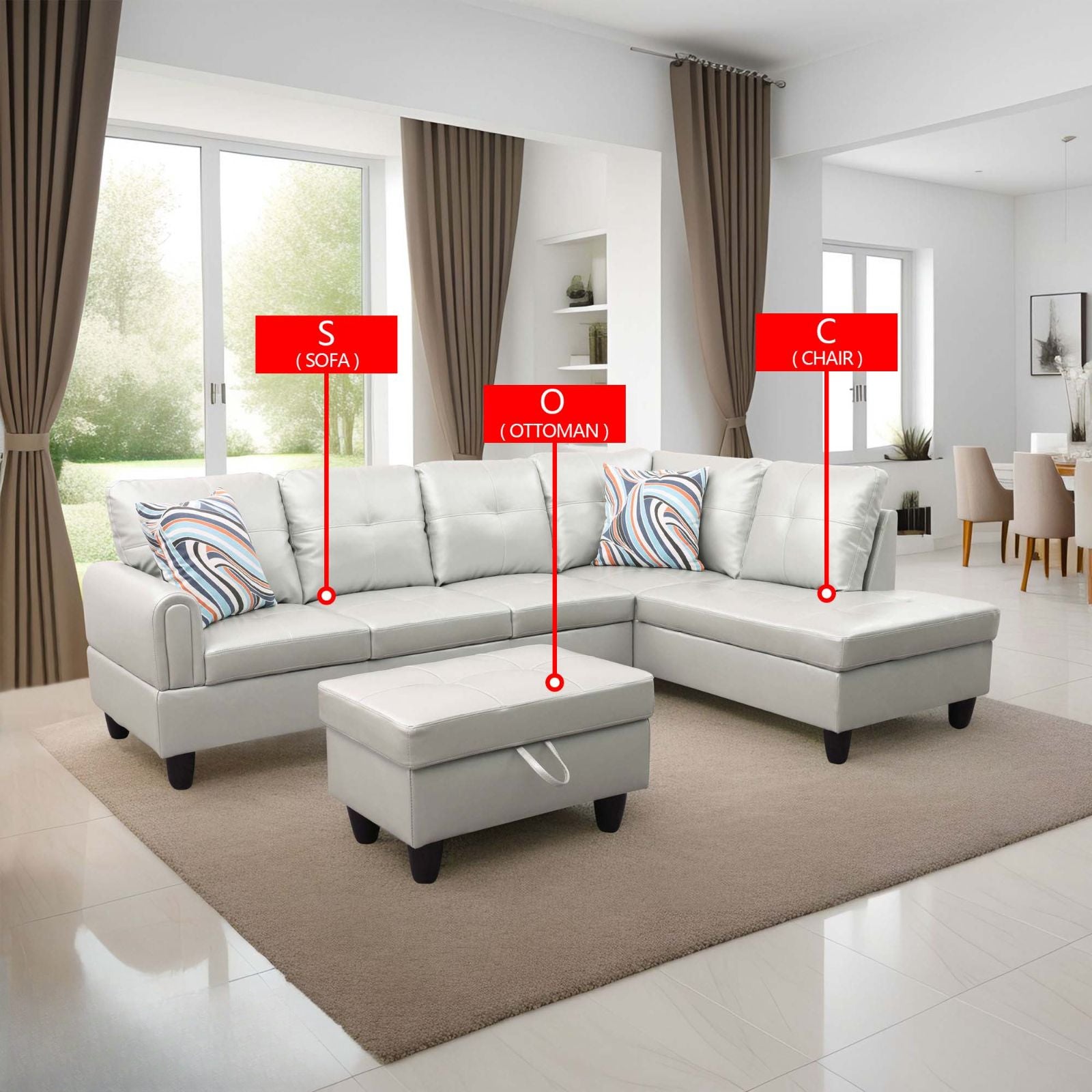 Light gray sectional sofa with tufted cushions and a matching ottoman on a taupe rug