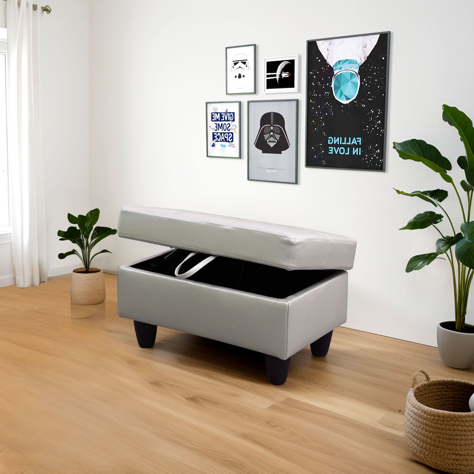Gray faux leather storage ottoman with lid open