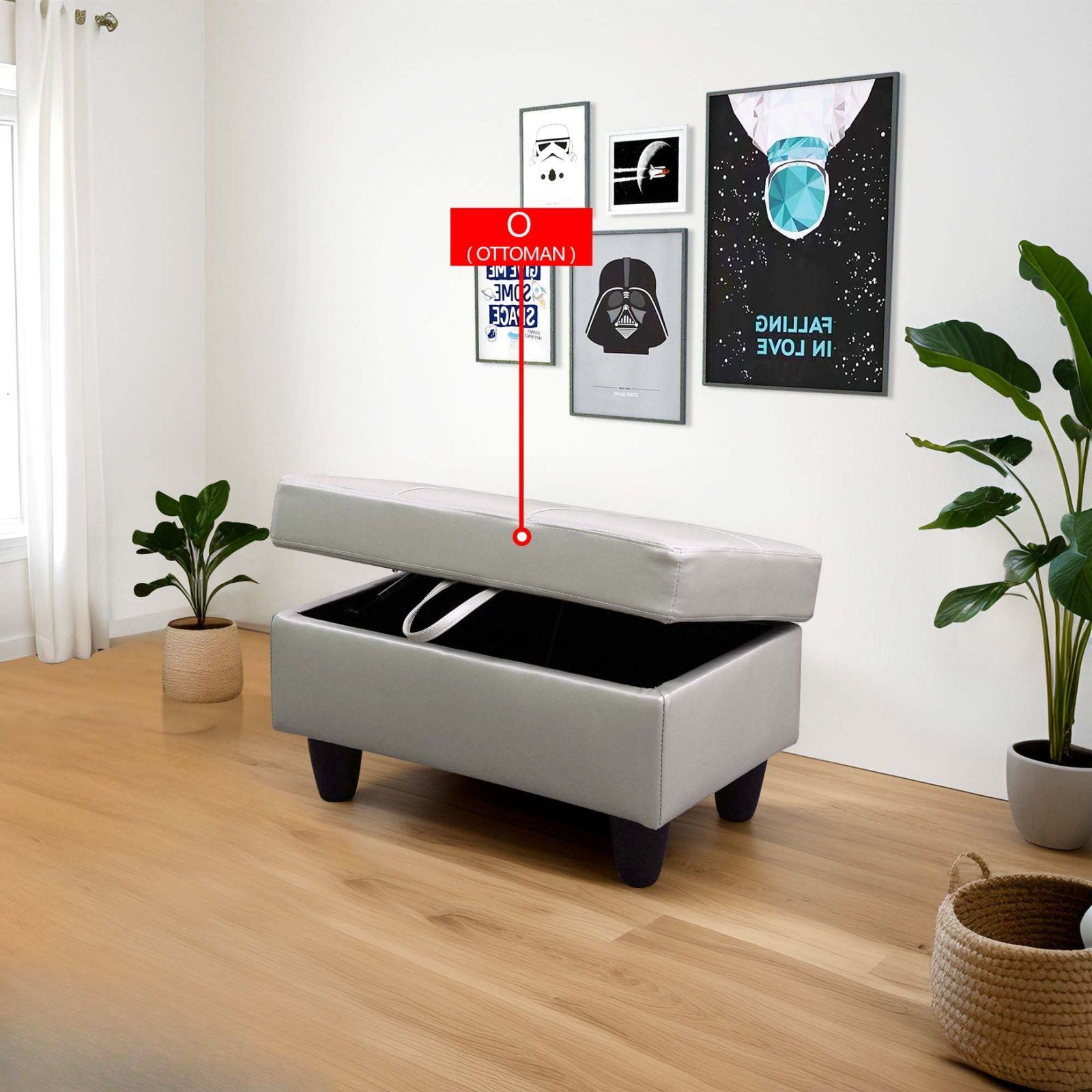 Gray faux leather storage ottoman with lid open