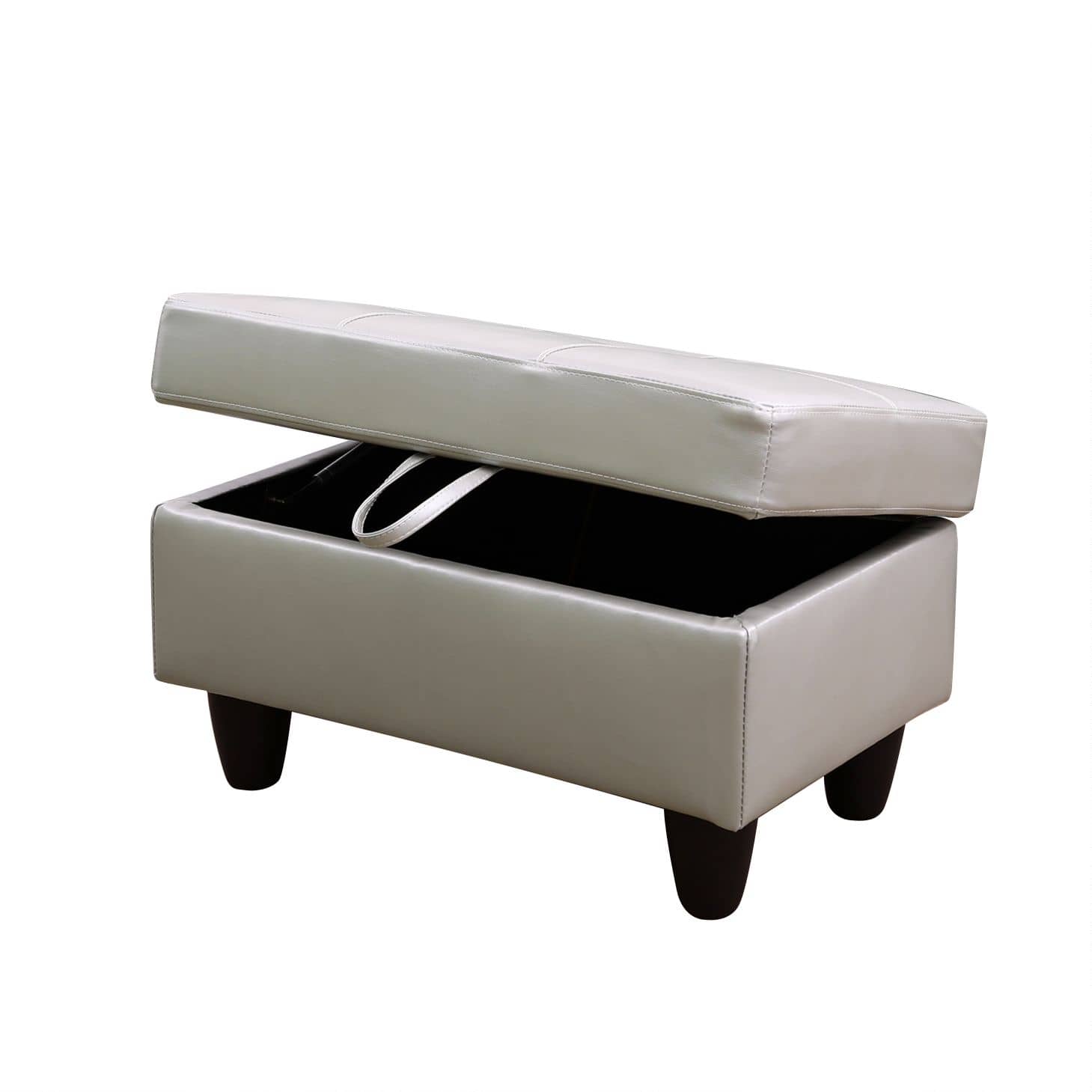Light gray faux leather storage ottoman with dark wood legs