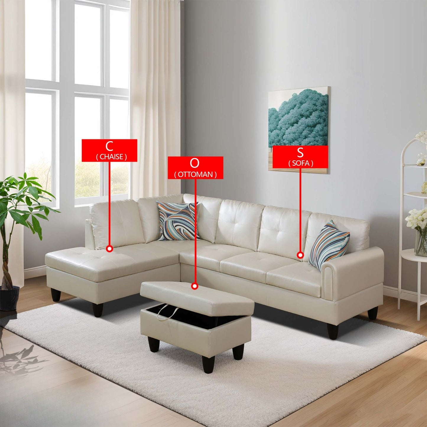 Cream Lshaped vegan leather sectional sofa with tufted cushions and a matching storage ottoman