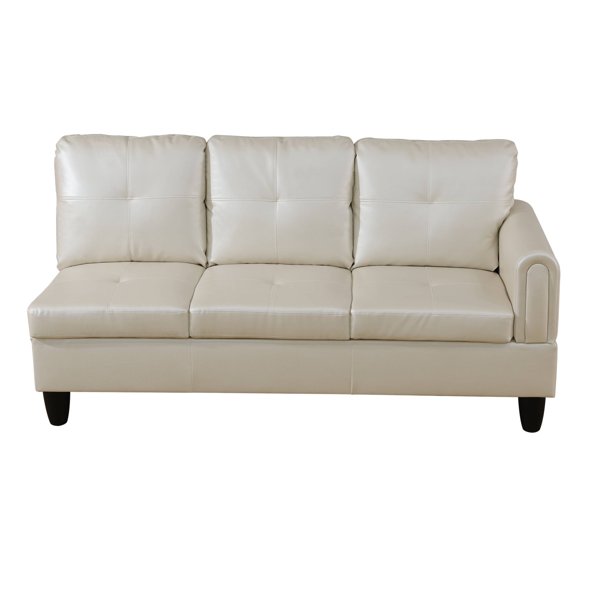 Cream faux leather sectional sofa with tufted cushions and squared arms