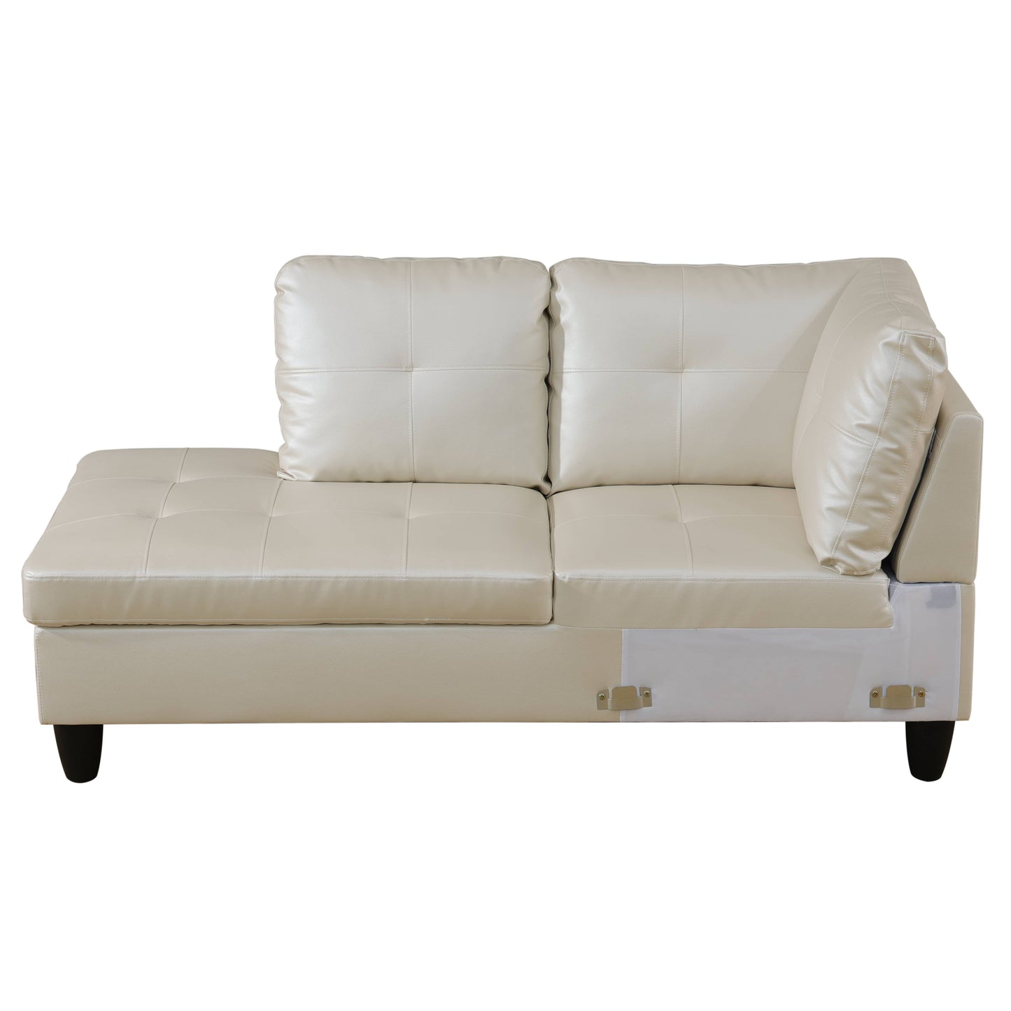 Cream faux leather sectional sofa with tufted seat cushions and square arms